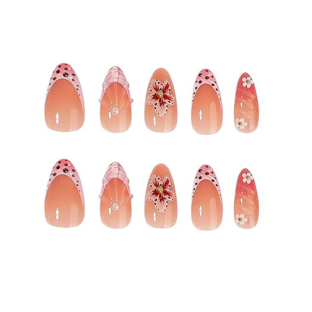 Cherry Blossom French Press-On Nails | Handmade Pink Floral Glossy Almond Nails