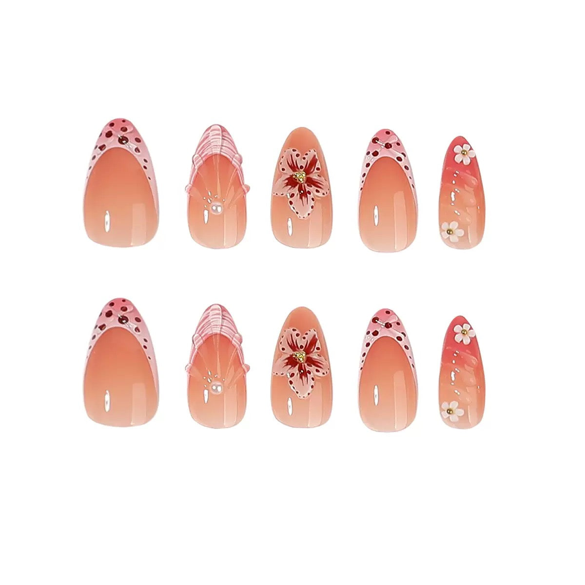 Cherry Blossom French Press-On Nails | Handmade Pink Floral Glossy Almond Nails