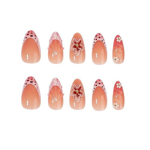 Cherry Blossom French Press-On Nails | Handmade Pink Floral Glossy Almond Nails