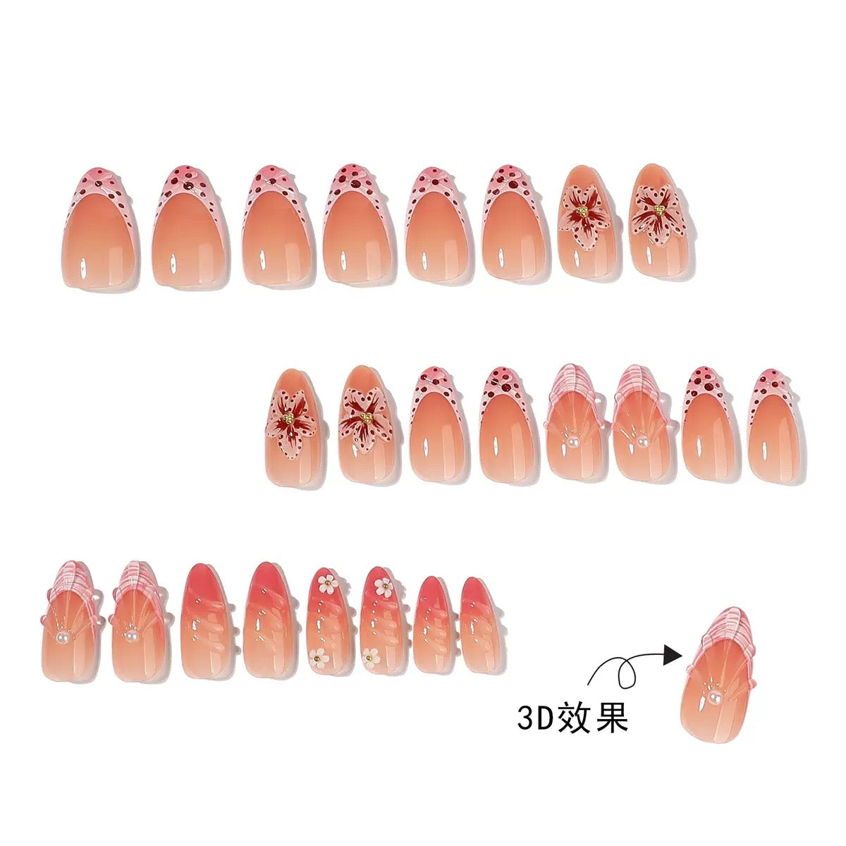 Cherry Blossom French Press-On Nails | Handmade Pink Floral Glossy Almond Nails