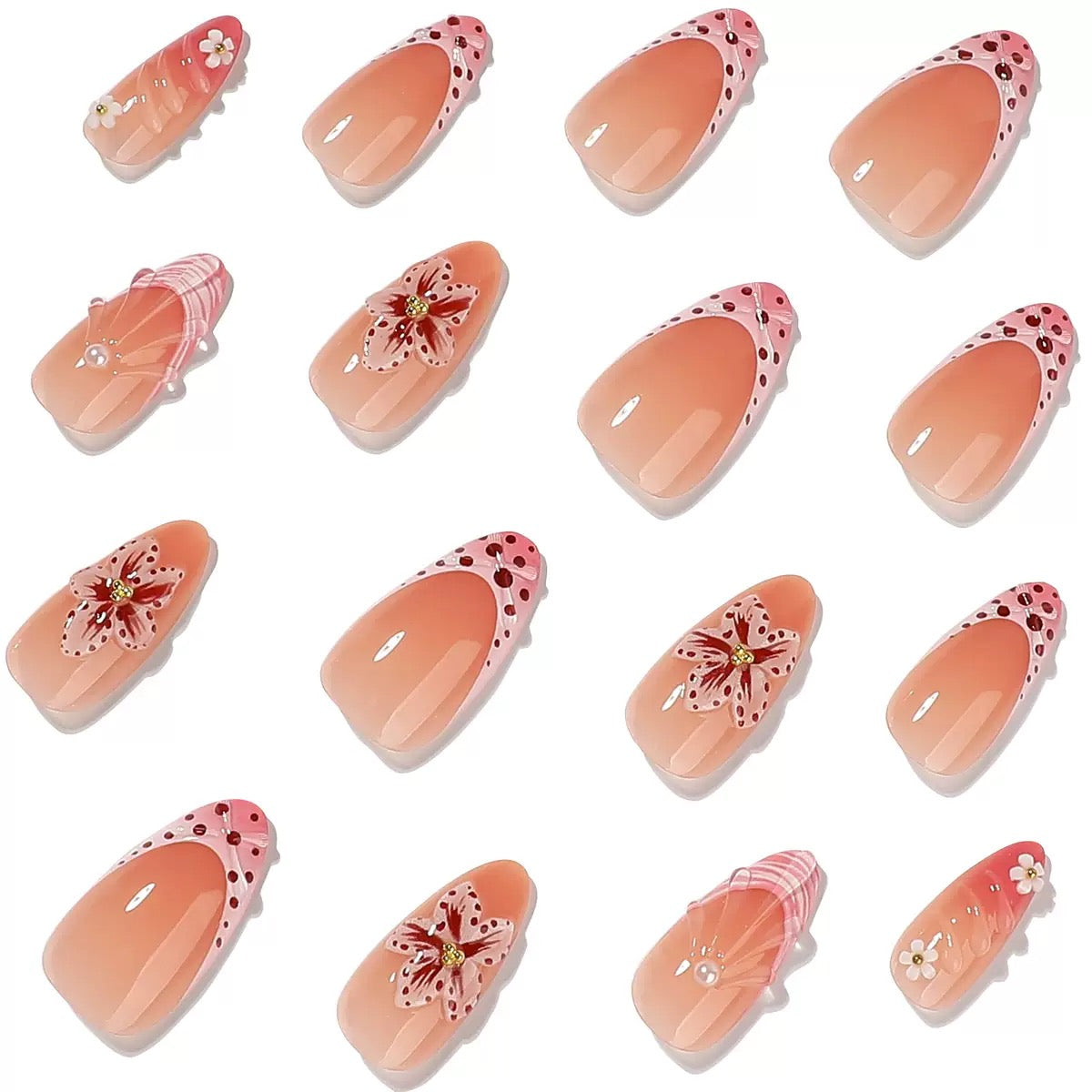 Cherry Blossom French Press-On Nails | Handmade Pink Floral Glossy Almond Nails