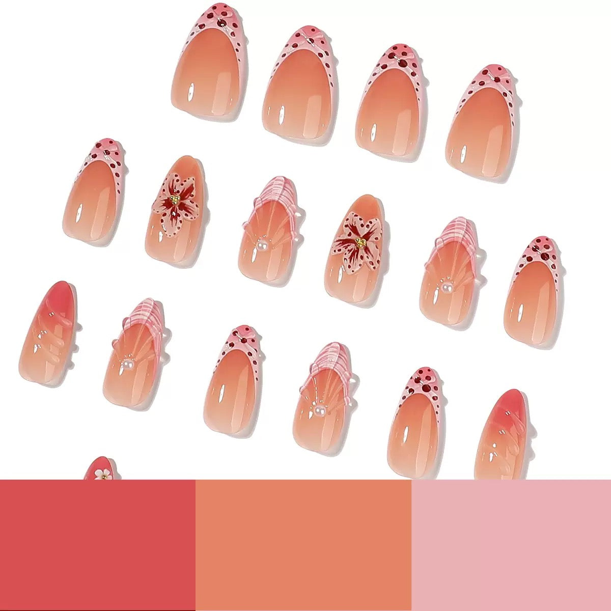 Cherry Blossom French Press-On Nails | Handmade Pink Floral Glossy Almond Nails