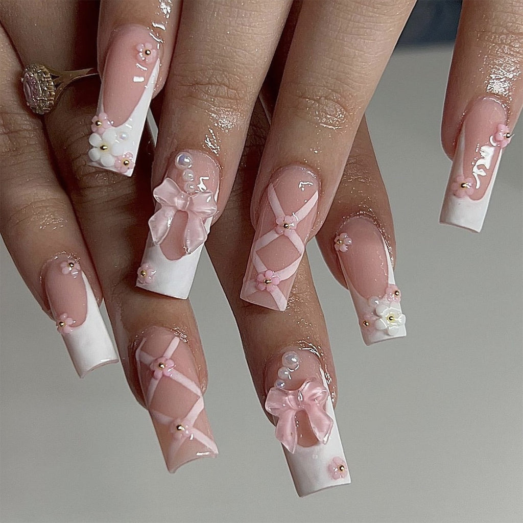 Coquette Bow Press-On Nails | Pink French 3D Bow & Pearl Square Nails