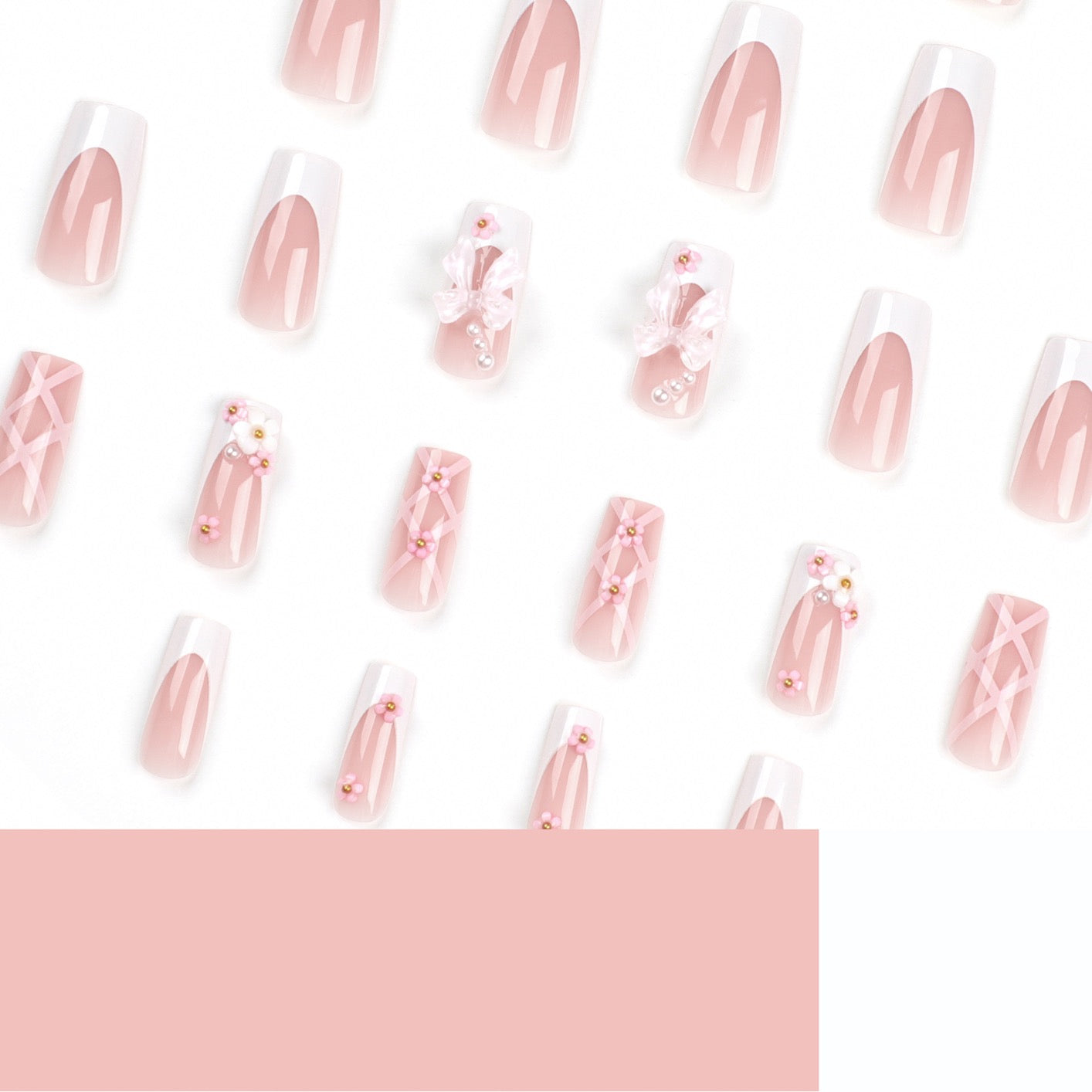 Coquette Bow Press-On Nails | Pink French 3D Bow & Pearl Square Nails