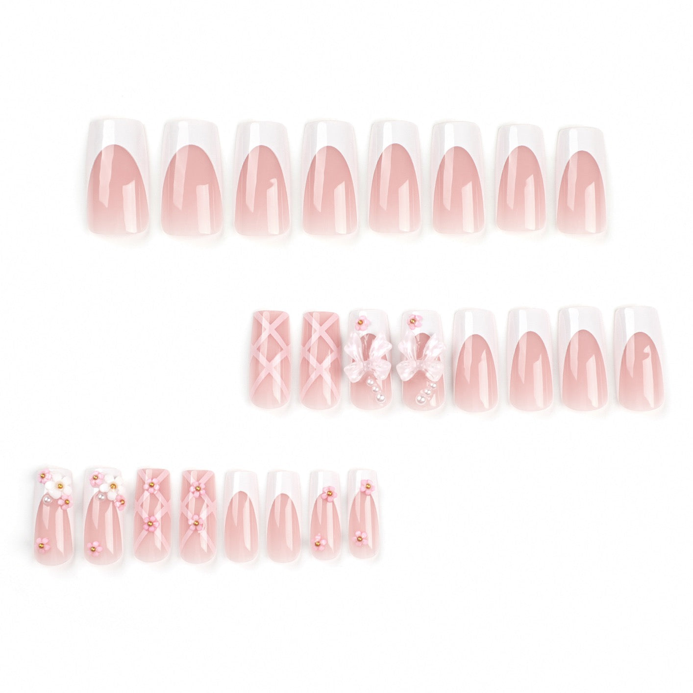 Coquette Bow Press-On Nails | Pink French 3D Bow & Pearl Square Nails