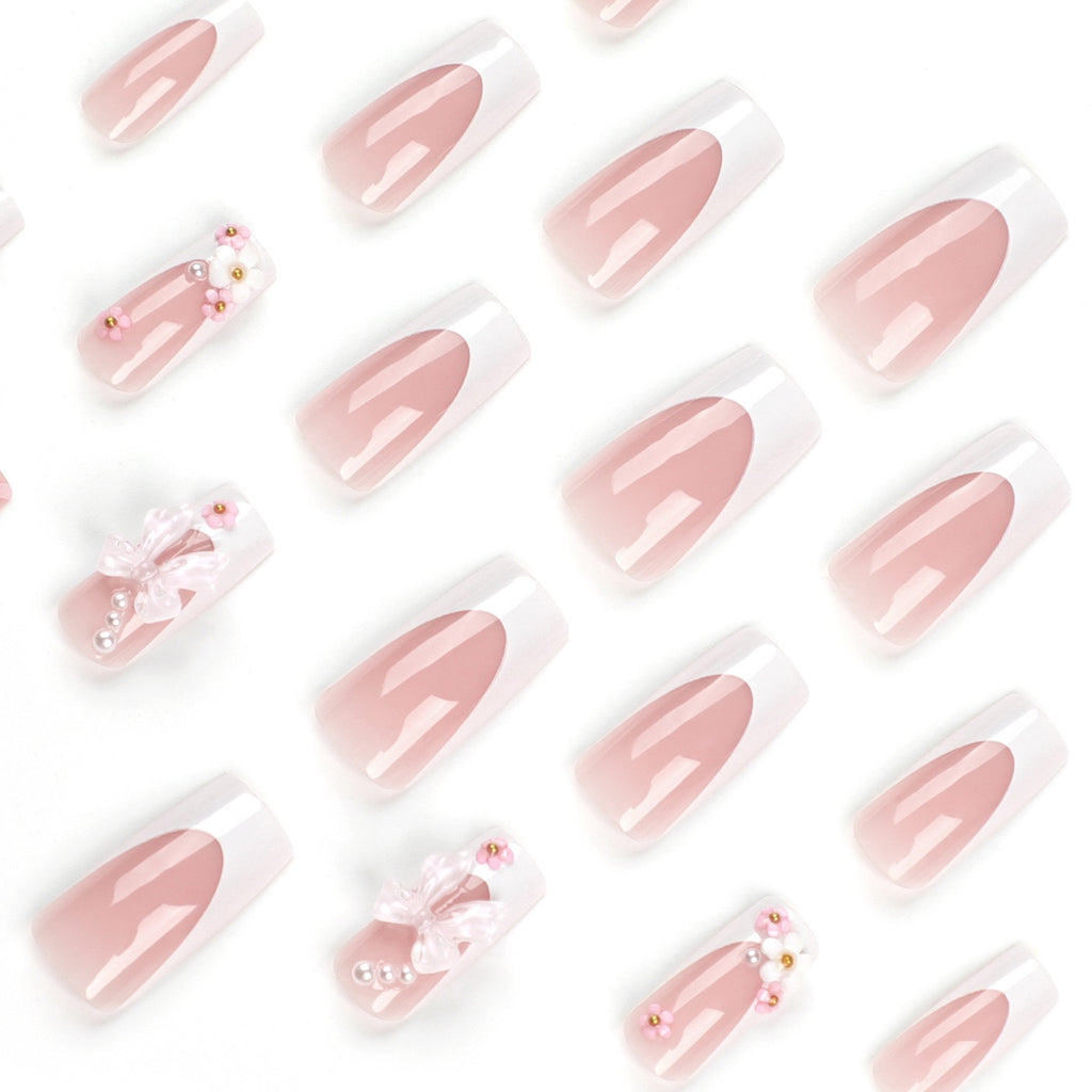 Coquette Bow Press-On Nails | Pink French 3D Bow & Pearl Square Nails