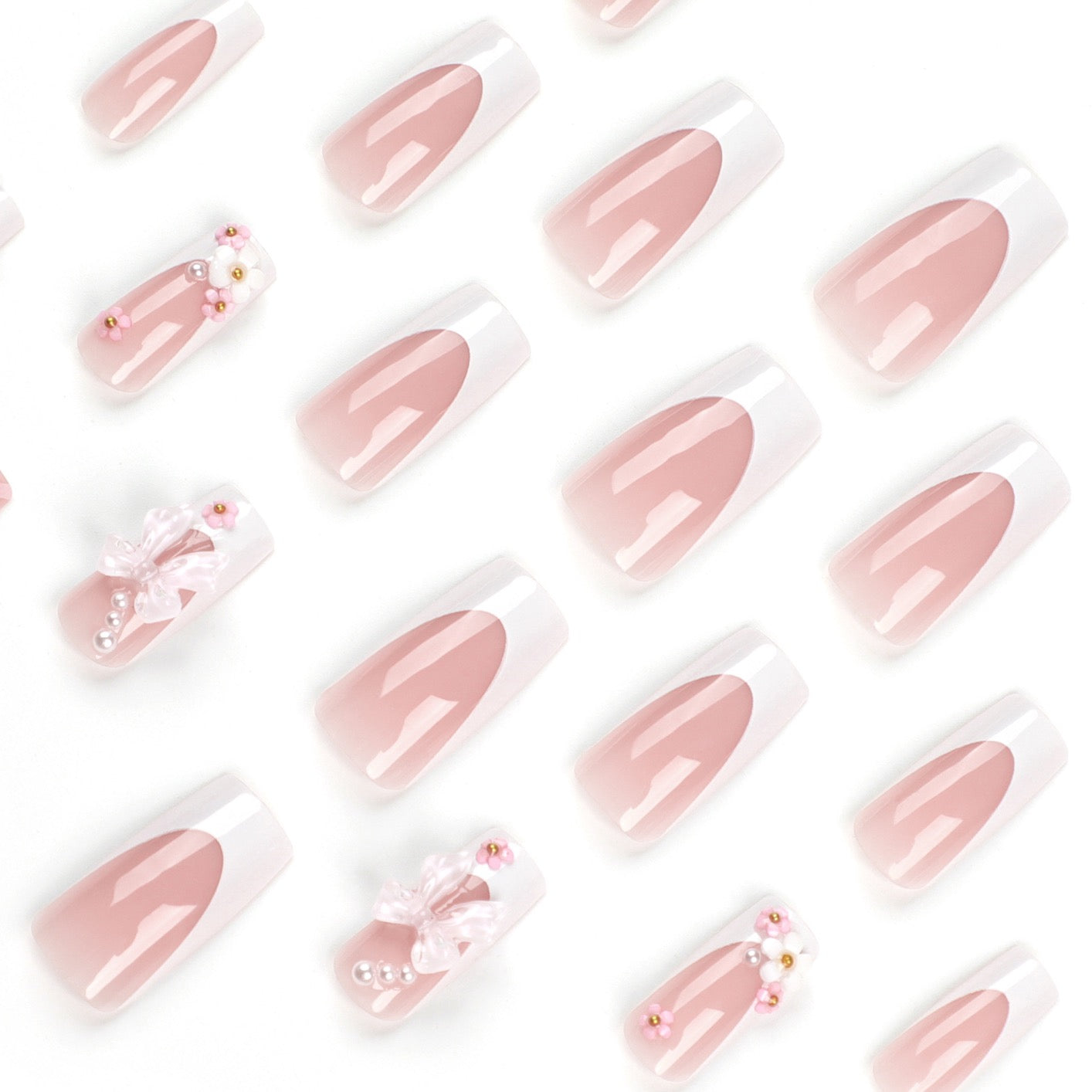 Coquette Bow Press-On Nails | Pink French 3D Bow & Pearl Square Nails