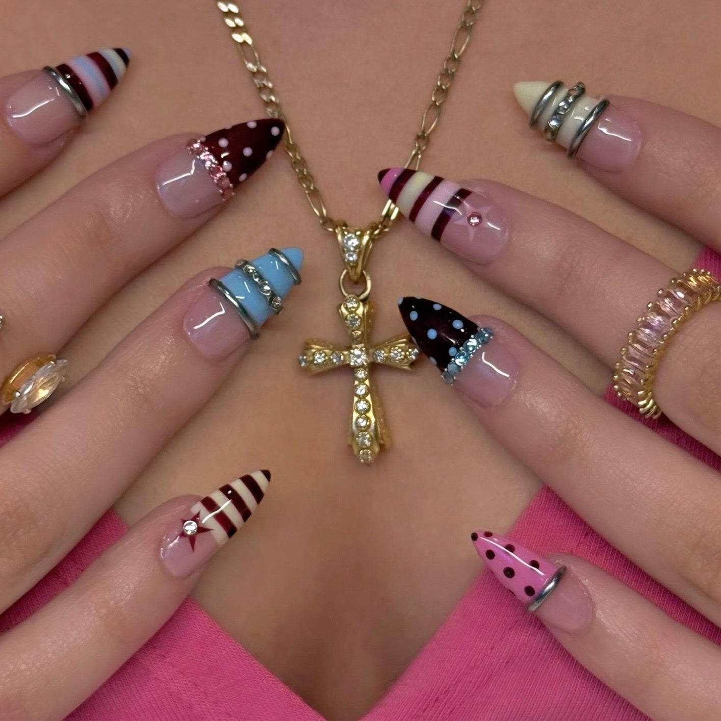 Y2K Candy Cone Press On Nails | Handmade Long Stiletto False Nails with 3D Metal Rings & Polka Dot Design