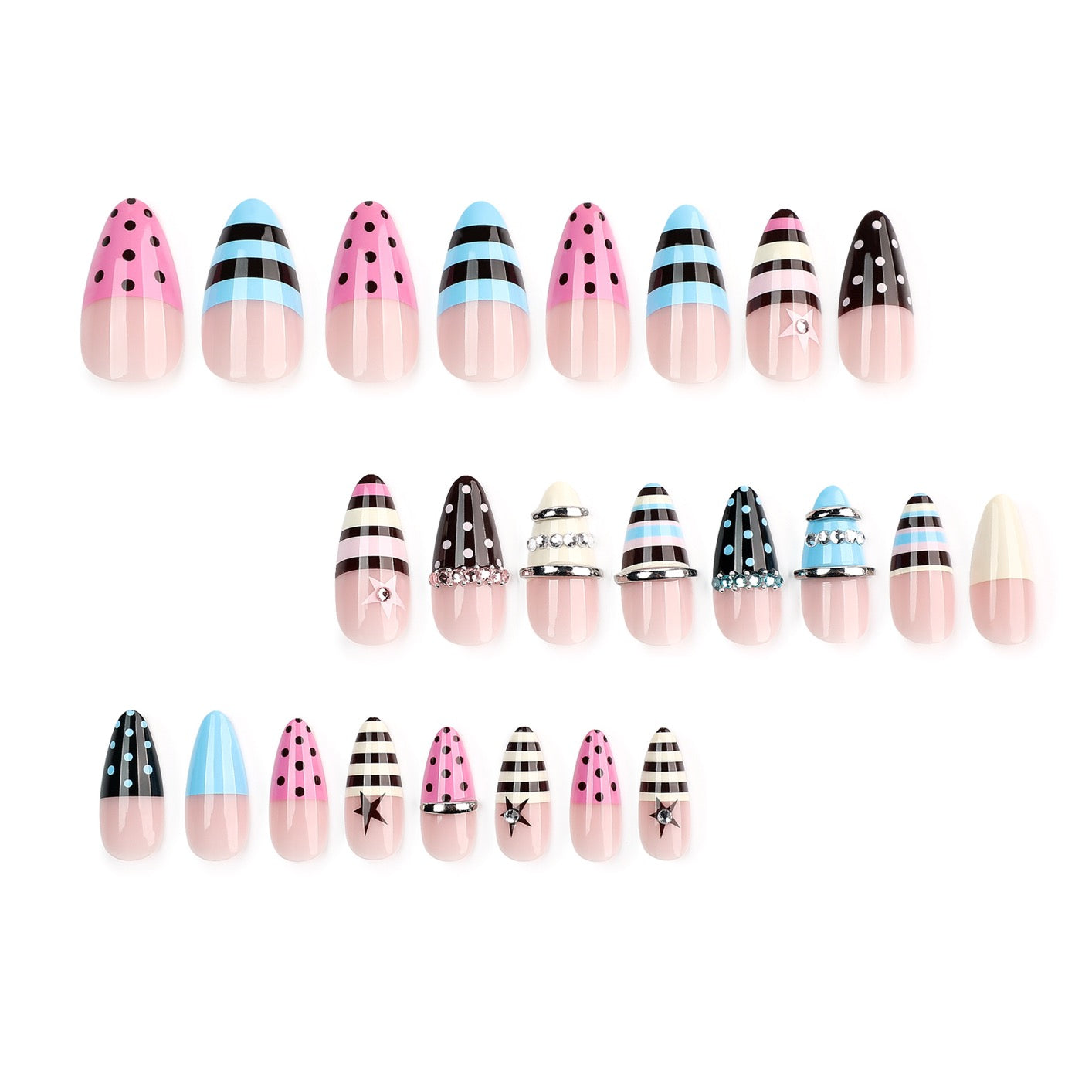 Y2K Candy Cone Press On Nails | Handmade Long Stiletto False Nails with 3D Metal Rings & Polka Dot Design