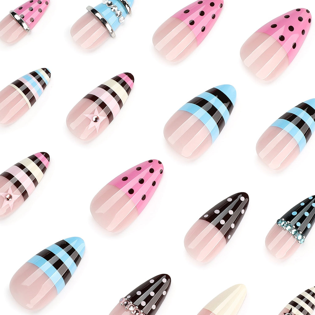 Y2K Candy Cone Press On Nails | Handmade Long Stiletto False Nails with 3D Metal Rings & Polka Dot Design