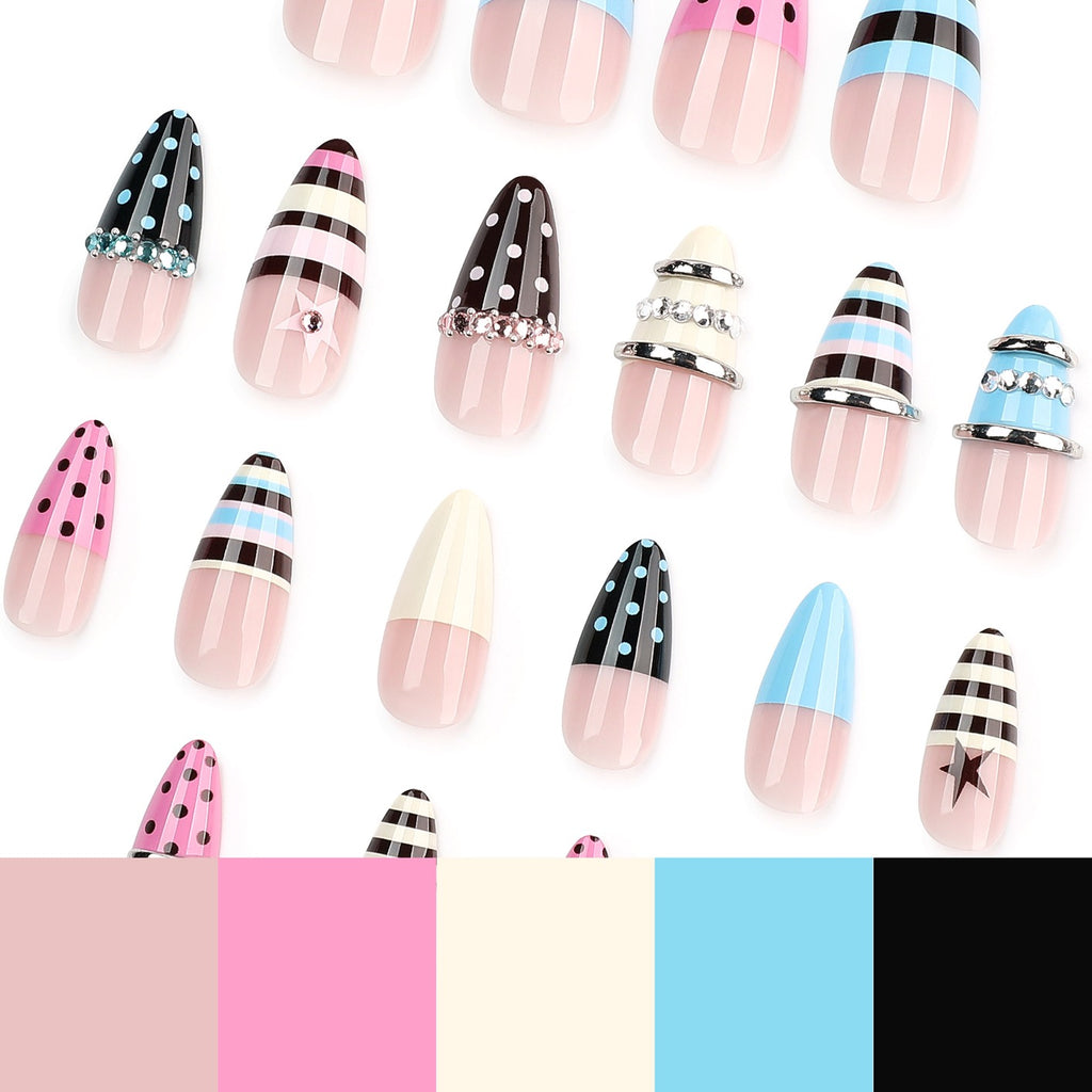 Y2K Candy Cone Press On Nails | Handmade Long Stiletto False Nails with 3D Metal Rings & Polka Dot Design