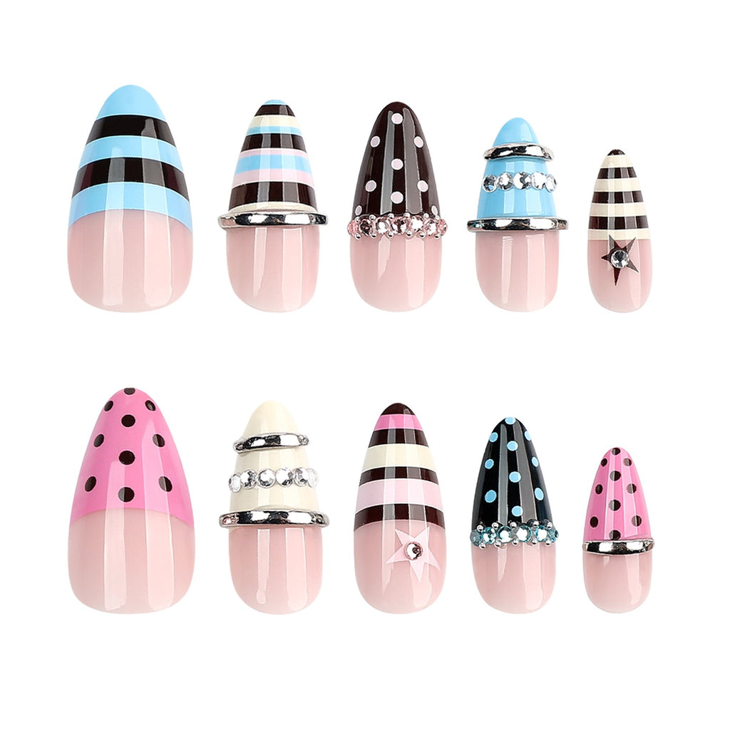 Y2K Candy Cone Press On Nails | Handmade Long Stiletto False Nails with 3D Metal Rings & Polka Dot Design