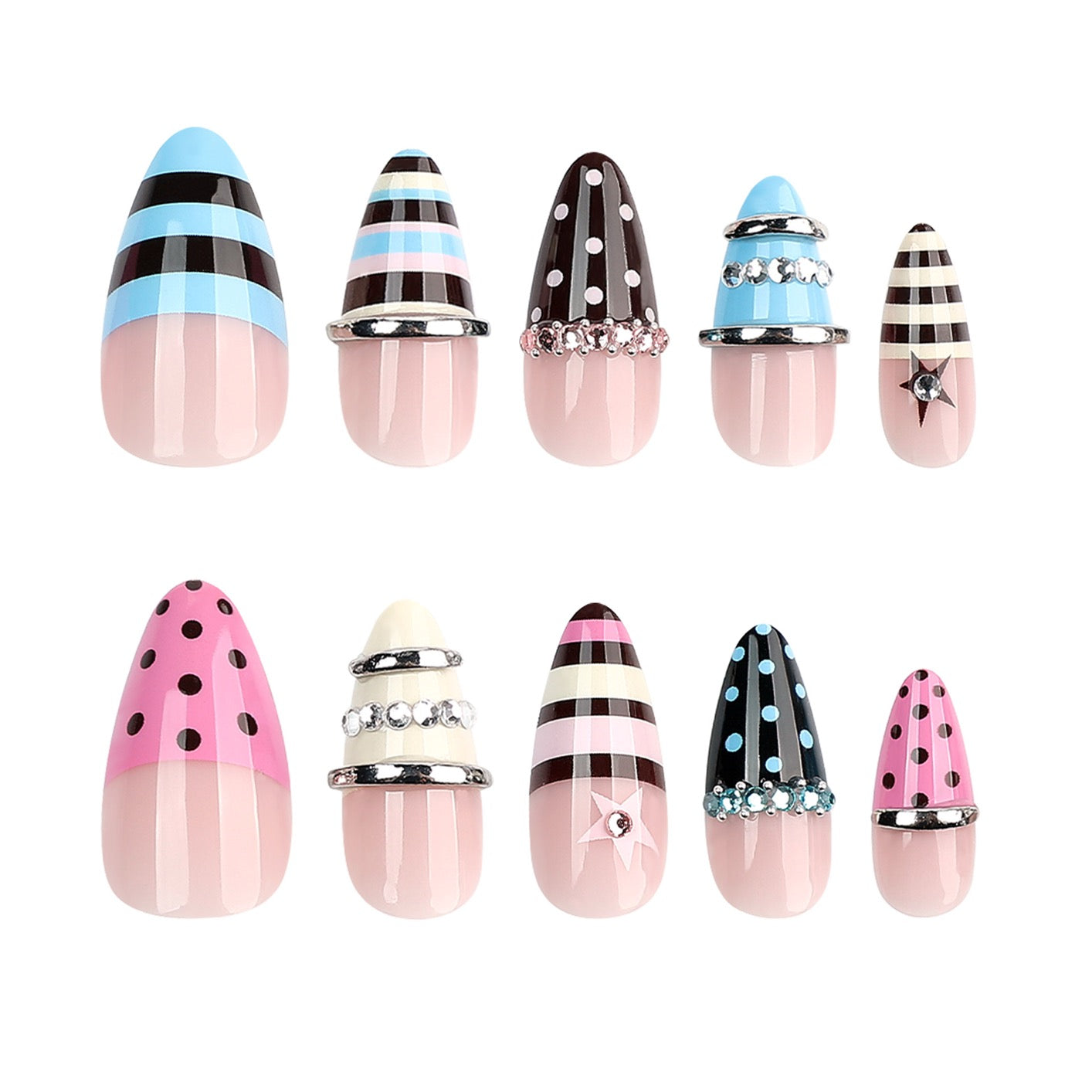 Y2K Candy Cone Press On Nails | Handmade Long Stiletto False Nails with 3D Metal Rings & Polka Dot Design