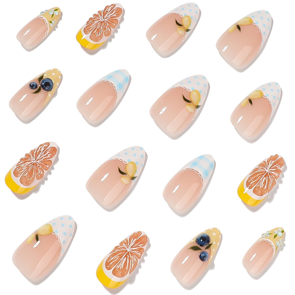 Handmade Summer Citrus Press On Nails | 3D Orange & Blueberry French Tip Almond Nails