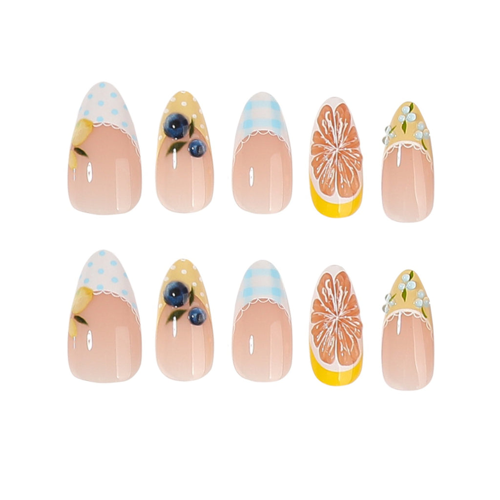 Handmade Summer Citrus Press On Nails | 3D Orange & Blueberry French Tip Almond Nails