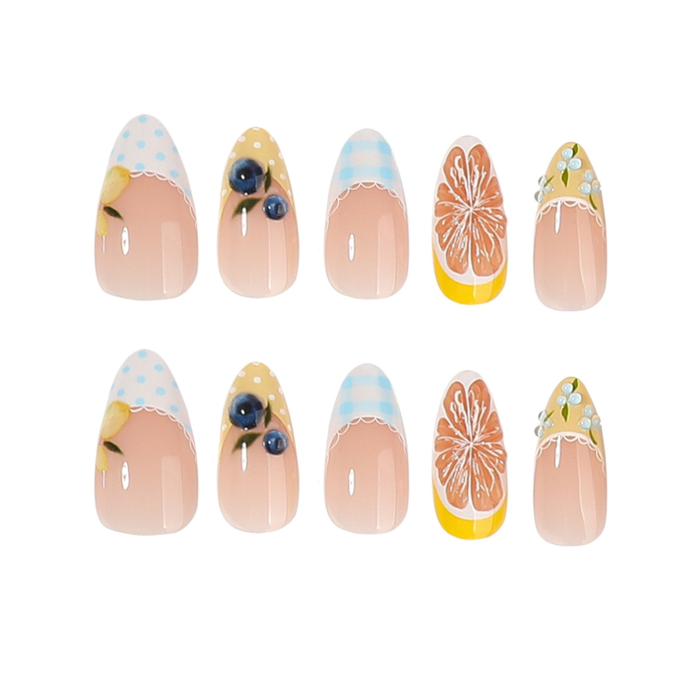 Handmade Summer Citrus Press On Nails | 3D Orange & Blueberry French Tip Almond Nails