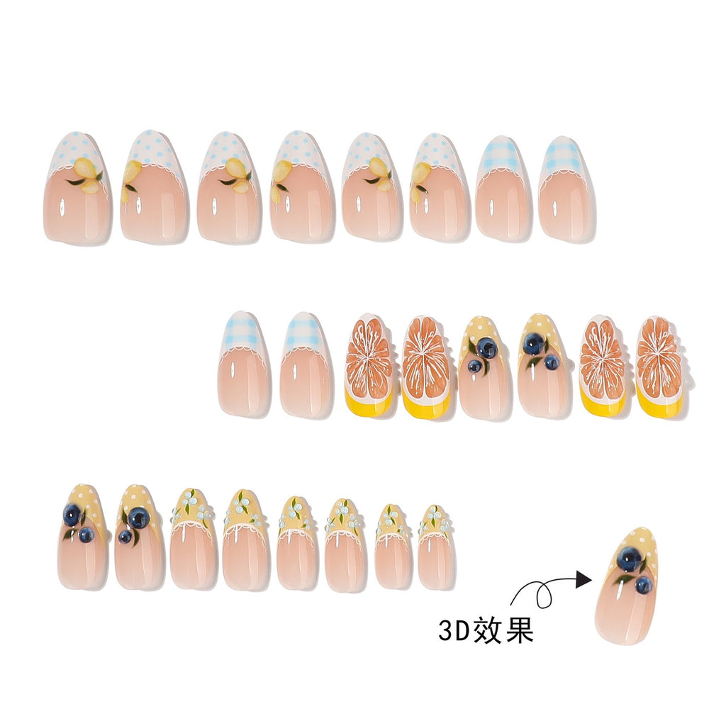 Handmade Summer Citrus Press On Nails | 3D Orange & Blueberry French Tip Almond Nails