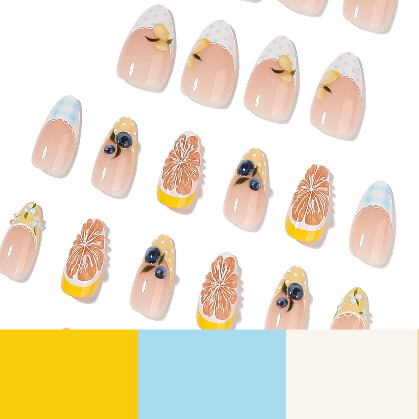 Handmade Summer Citrus Press On Nails | 3D Orange & Blueberry French Tip Almond Nails