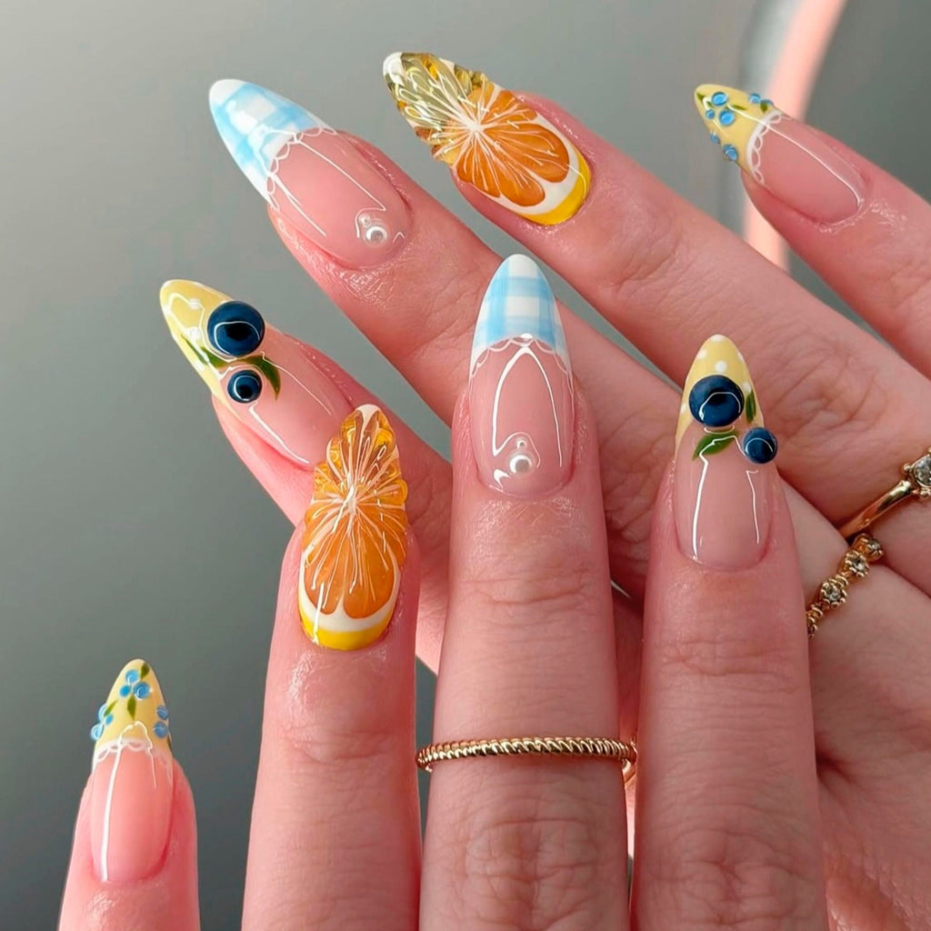 Handmade Summer Citrus Press On Nails | 3D Orange & Blueberry French Tip Almond Nails