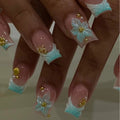Handmade 3D Floral Press On Nails | Aqua French Tip Square Fake Nails with Pearl & Gold Accents