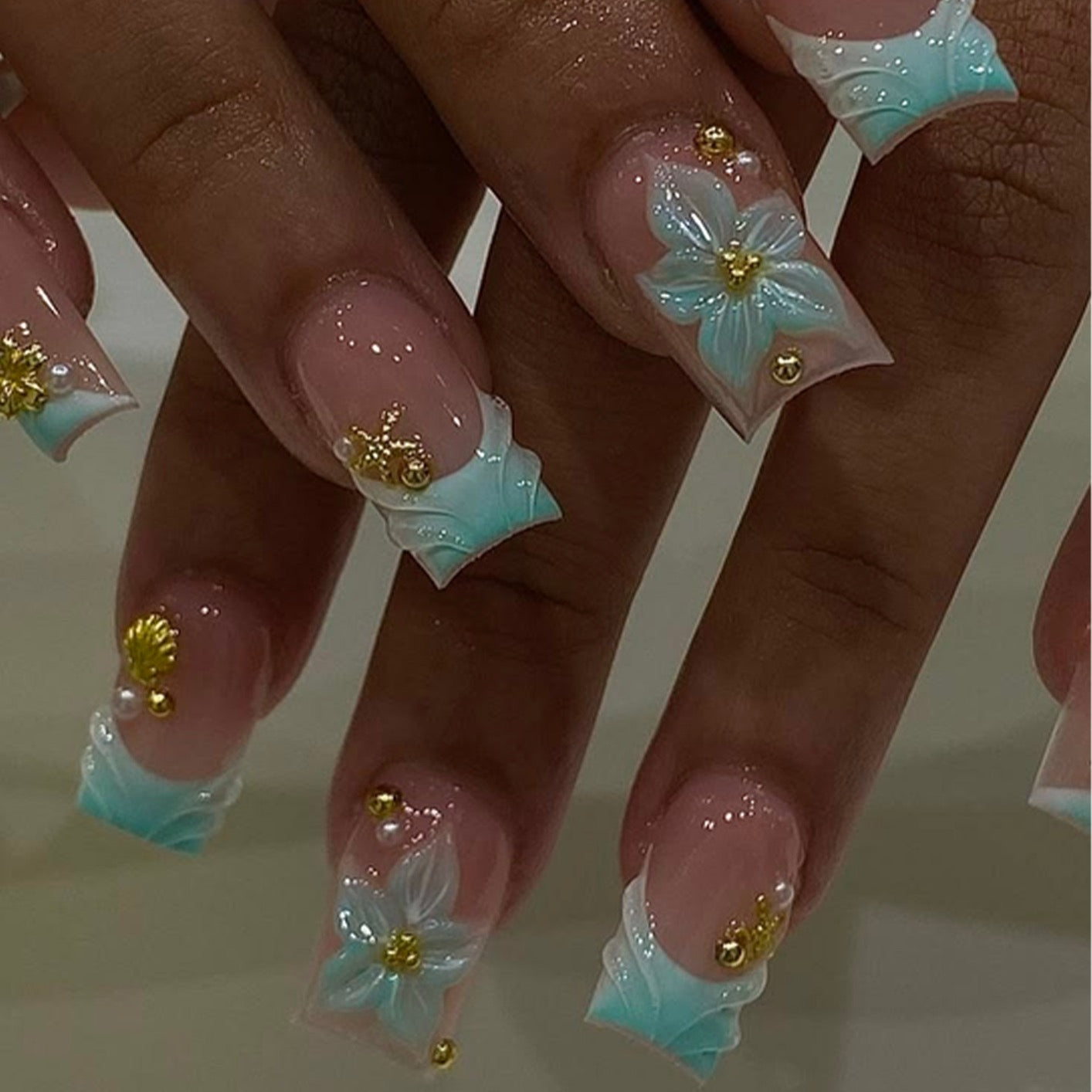 Handmade 3D Floral Press On Nails | Aqua French Tip Square Fake Nails with Pearl & Gold Accents