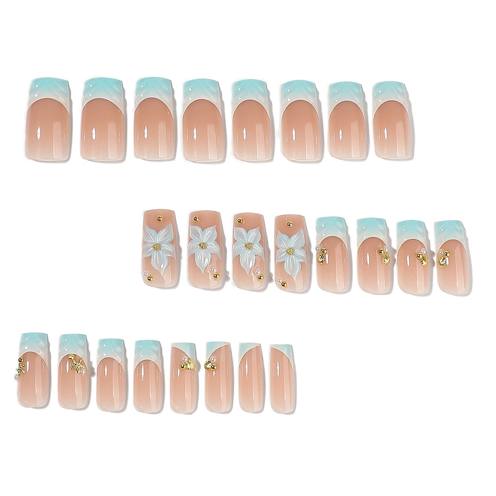 Handmade 3D Floral Press On Nails | Aqua French Tip Square Fake Nails with Pearl & Gold Accents