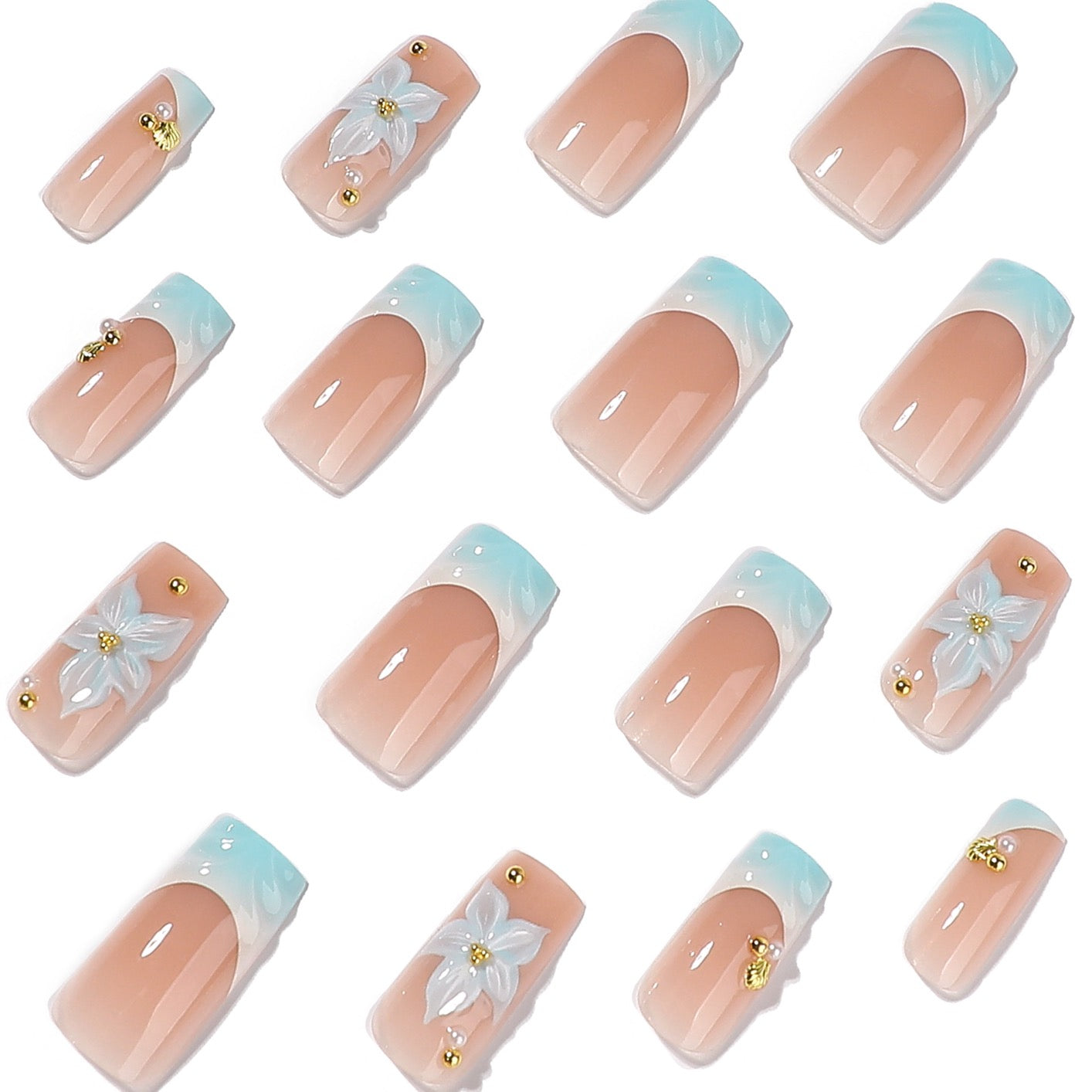 Handmade 3D Floral Press On Nails | Aqua French Tip Square Fake Nails with Pearl & Gold Accents