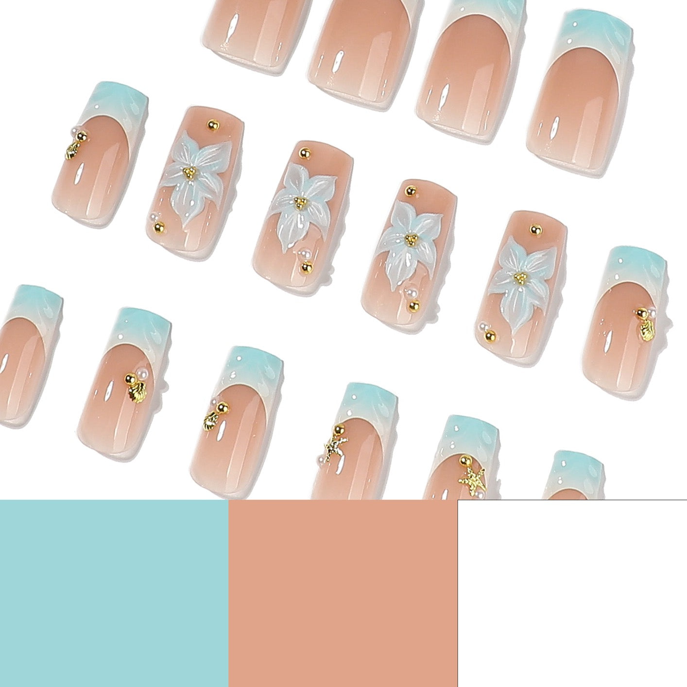 Handmade 3D Floral Press On Nails | Aqua French Tip Square Fake Nails with Pearl & Gold Accents