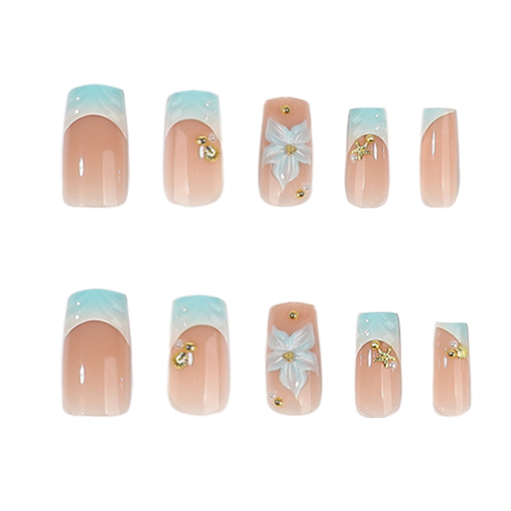 Handmade 3D Floral Press On Nails | Aqua French Tip Square Fake Nails with Pearl & Gold Accents