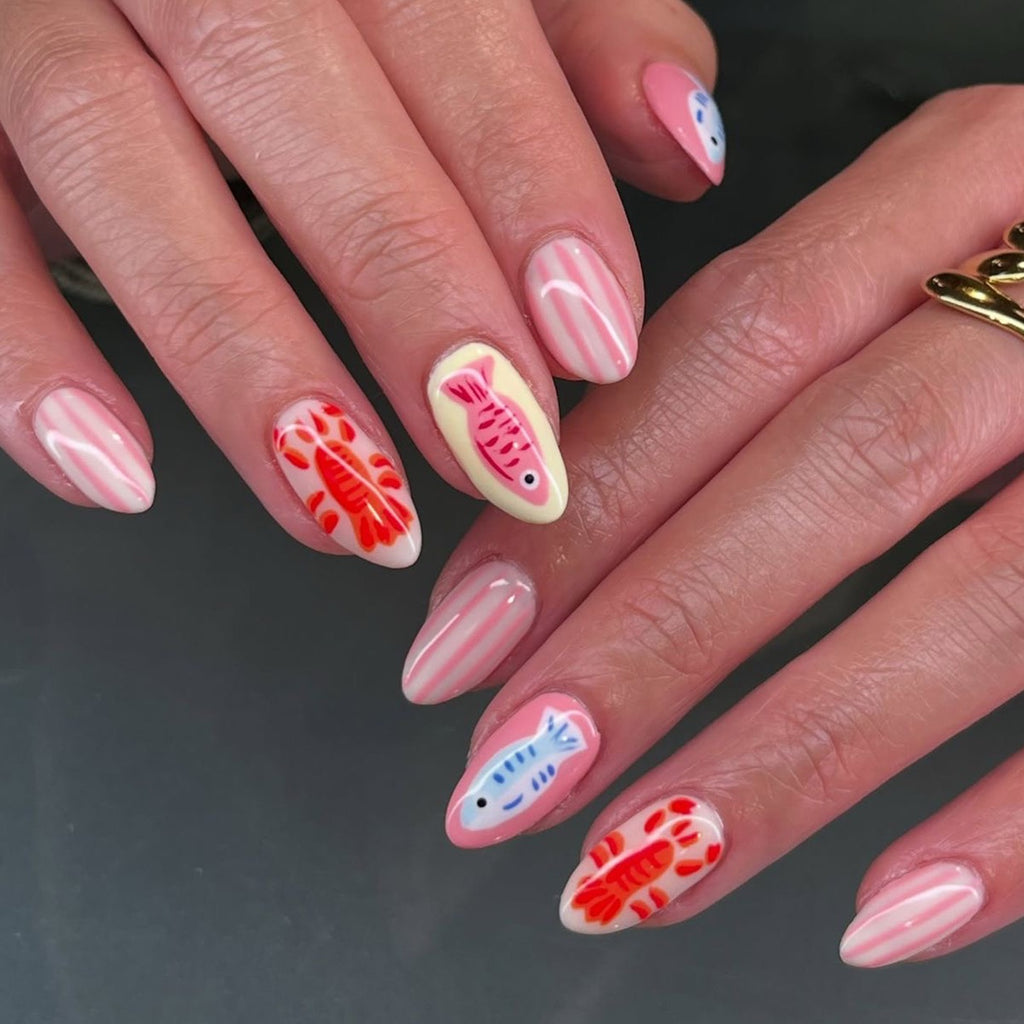 Handmade Coastal Seafood Press On Nails | Pink Striped Lobster & Fish Almond Fake Nails Reusable