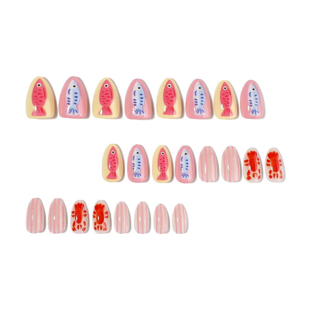 Handmade Coastal Seafood Press On Nails | Pink Striped Lobster & Fish Almond Fake Nails Reusable