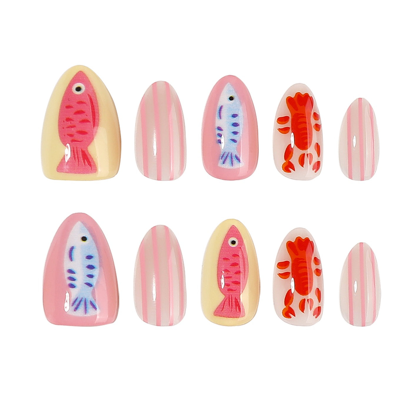 Handmade Coastal Seafood Press On Nails | Pink Striped Lobster & Fish Almond Fake Nails Reusable