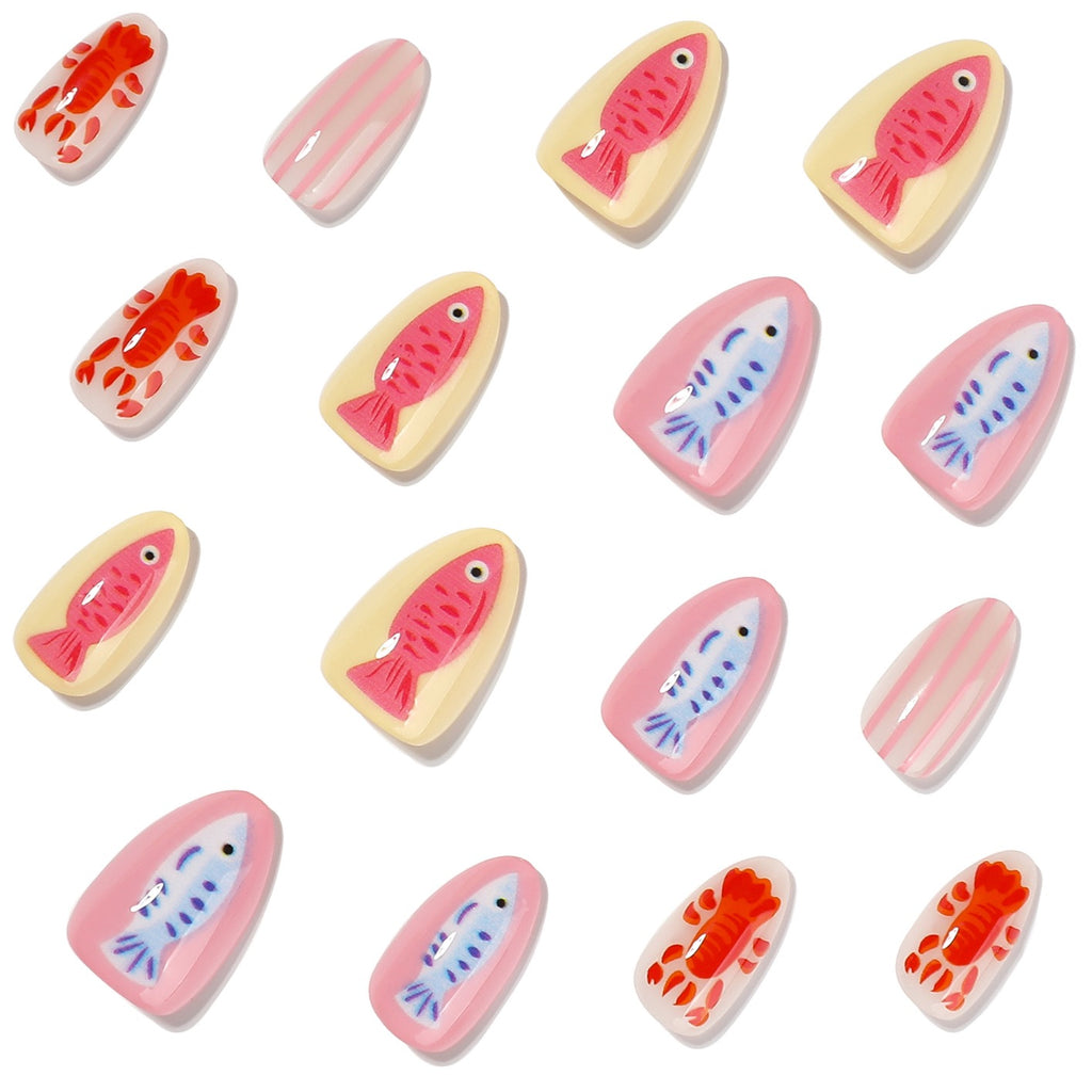 Handmade Coastal Seafood Press On Nails | Pink Striped Lobster & Fish Almond Fake Nails Reusable