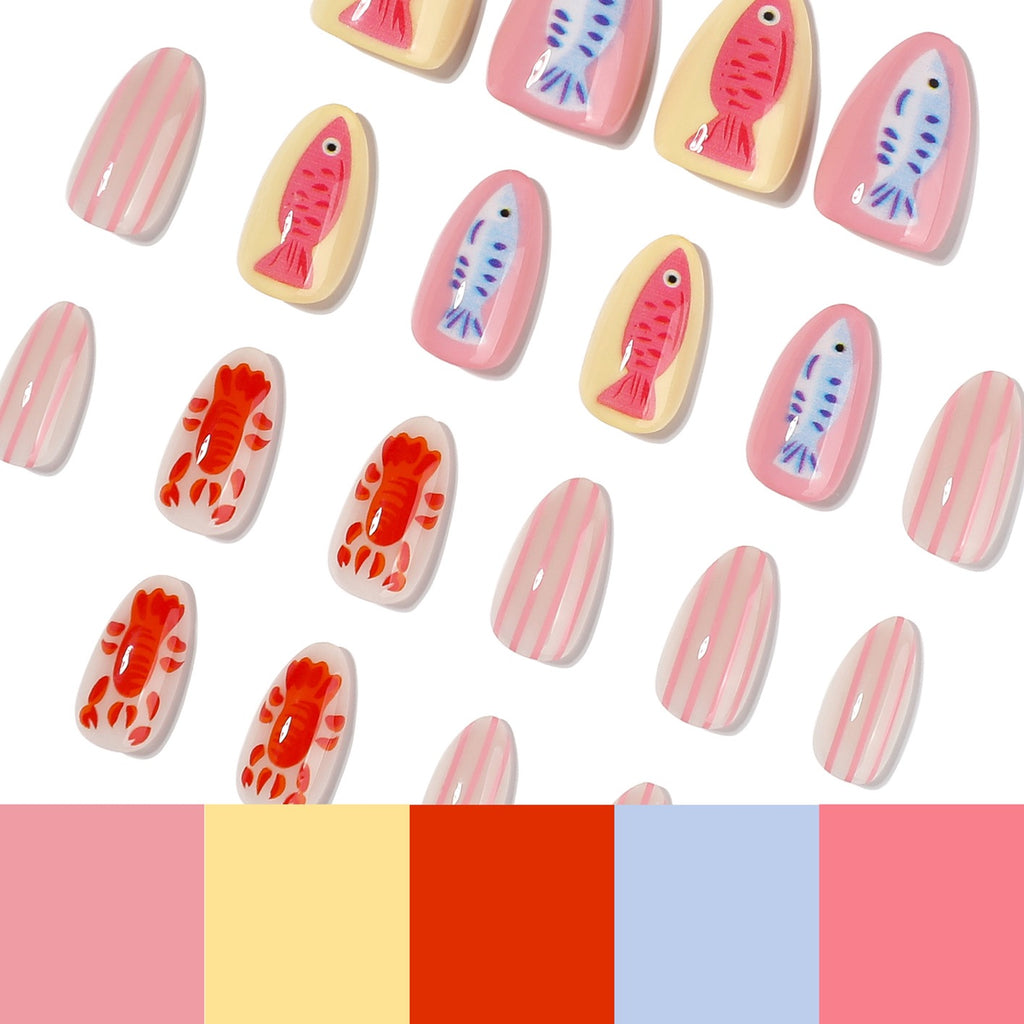 Handmade Coastal Seafood Press On Nails | Pink Striped Lobster & Fish Almond Fake Nails Reusable