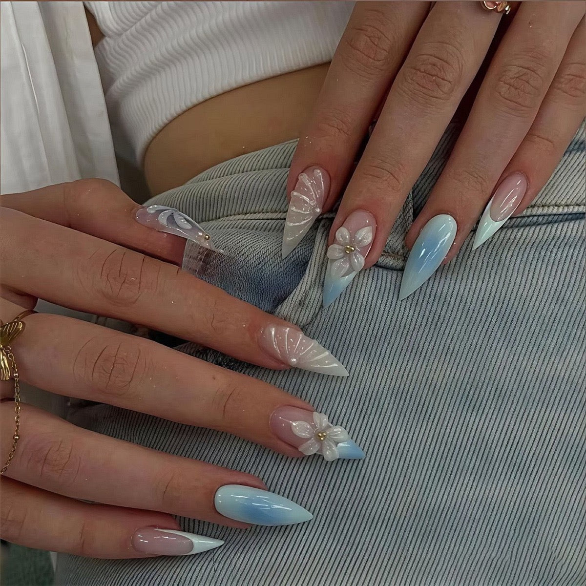 Handmade Blue Ombre Press On Nails | 3D Flower White French Stiletto Fake Nails Reusable