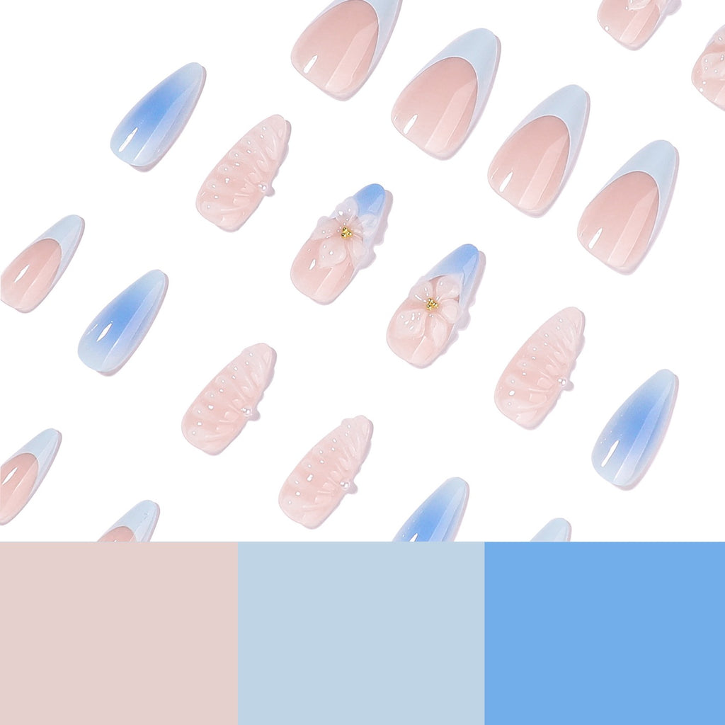 Handmade Blue Ombre Press On Nails | 3D Flower White French Stiletto Fake Nails Reusable