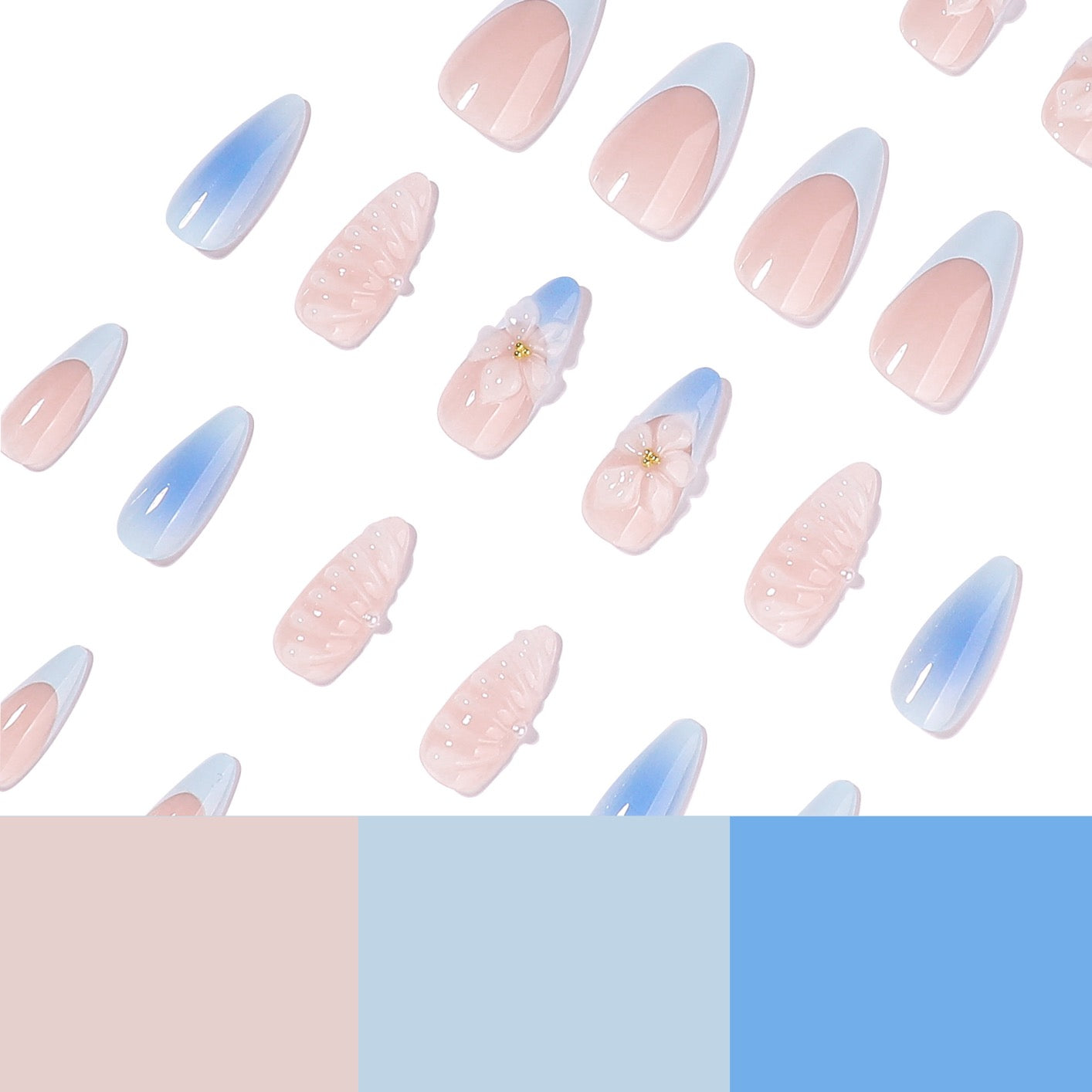 Handmade Blue Ombre Press On Nails | 3D Flower White French Stiletto Fake Nails Reusable