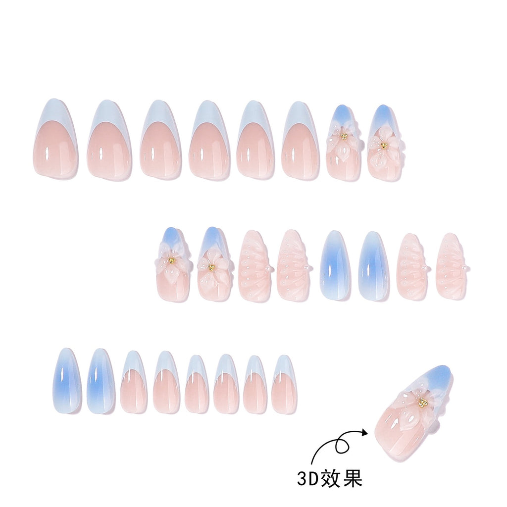 Handmade Blue Ombre Press On Nails | 3D Flower White French Stiletto Fake Nails Reusable