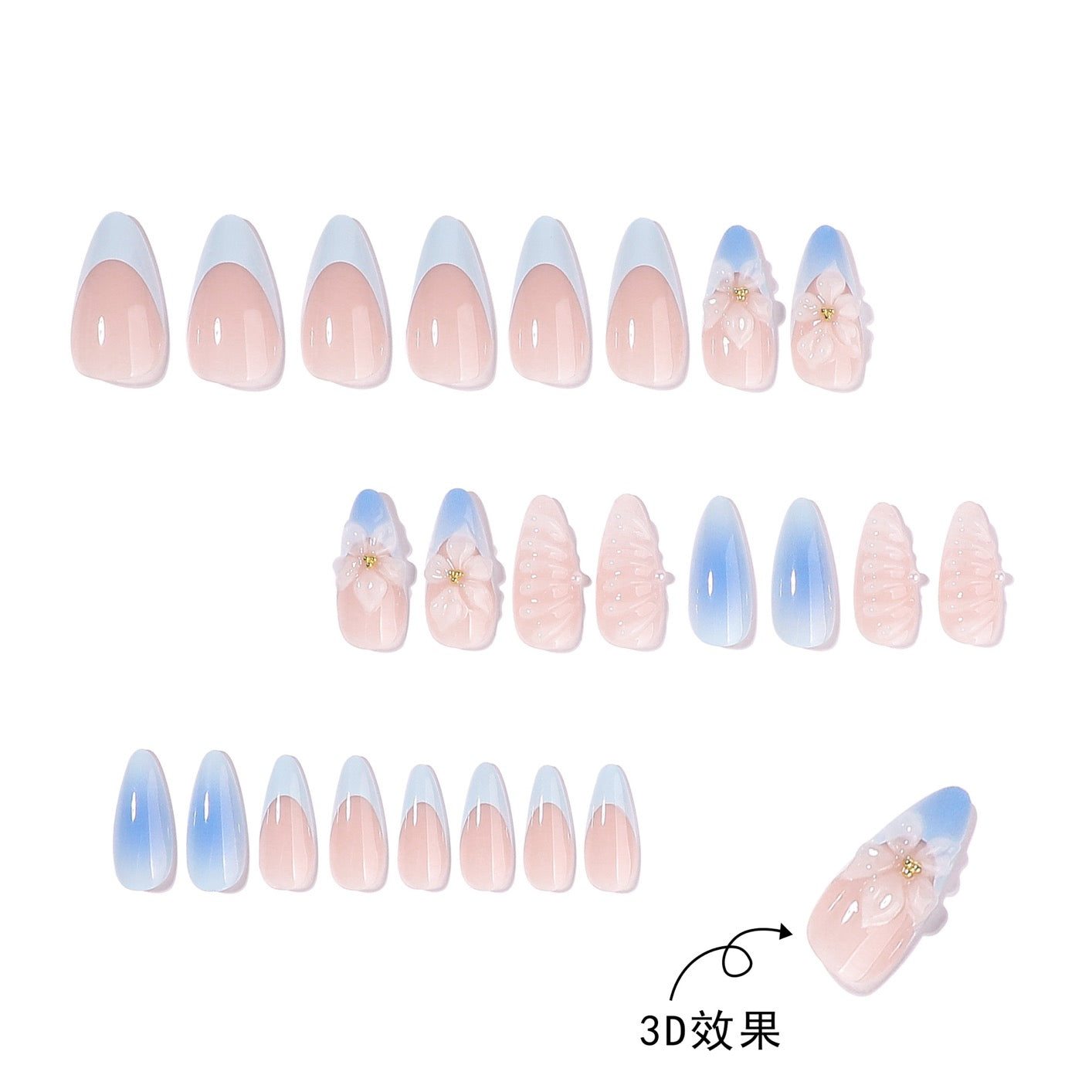 Handmade Blue Ombre Press On Nails | 3D Flower White French Stiletto Fake Nails Reusable