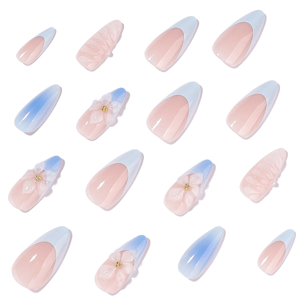 Handmade Blue Ombre Press On Nails | 3D Flower White French Stiletto Fake Nails Reusable