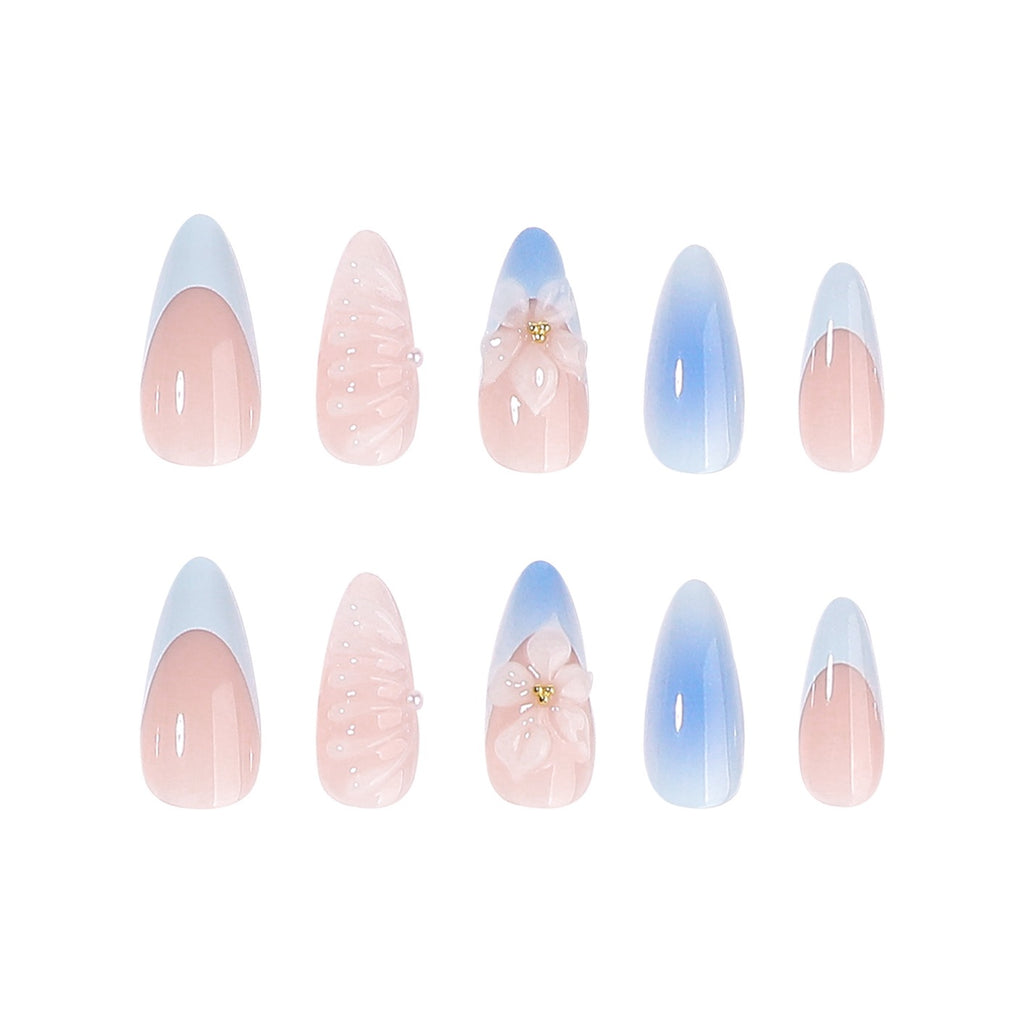 Handmade Blue Ombre Press On Nails | 3D Flower White French Stiletto Fake Nails Reusable