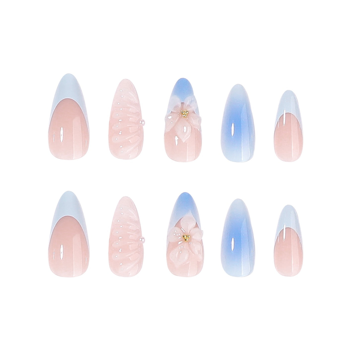 Handmade Blue Ombre Press On Nails | 3D Flower White French Stiletto Fake Nails Reusable