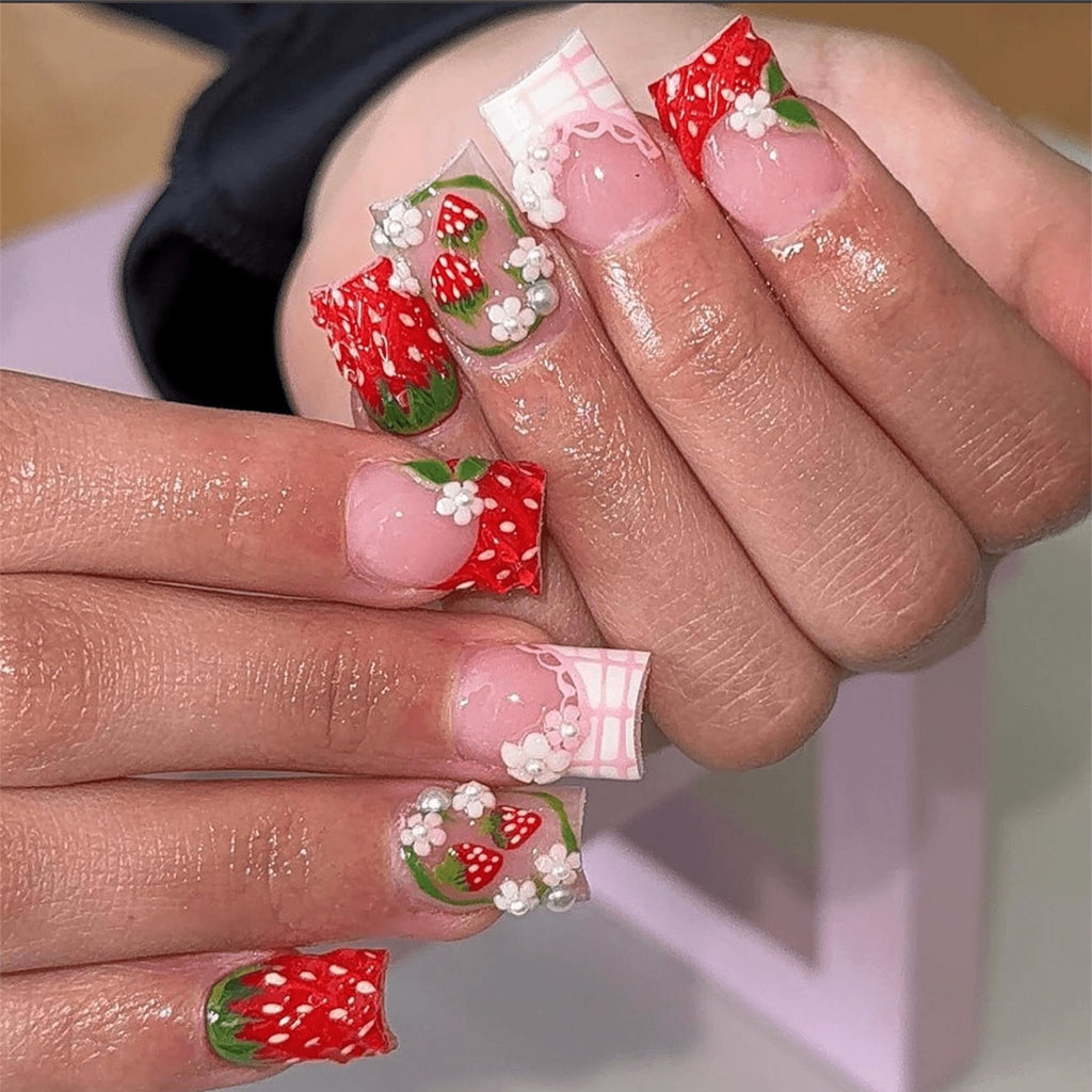 Handmade Strawberry Press On Nails | 3D Flower Pink Plaid French Tip Square Fake Nails Reusable