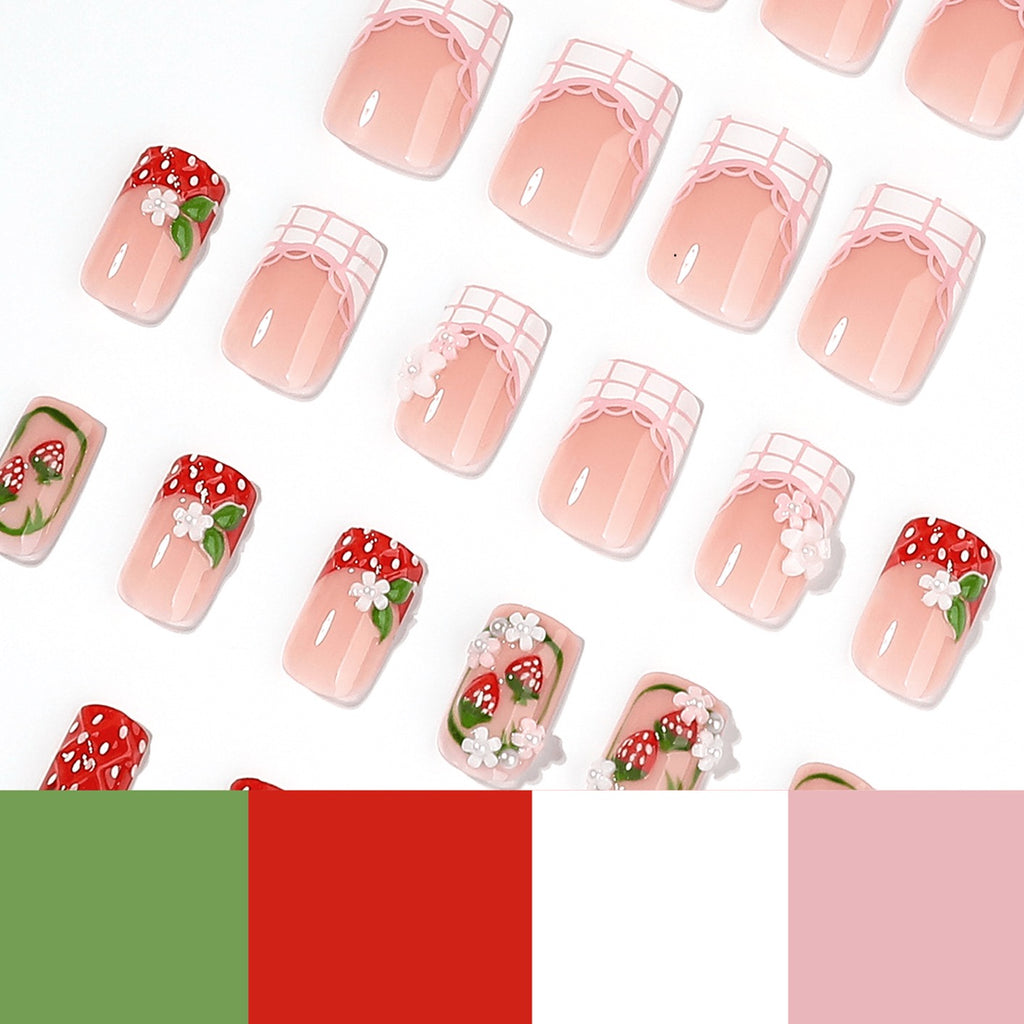 Handmade Strawberry Press On Nails | 3D Flower Pink Plaid French Tip Square Fake Nails Reusable