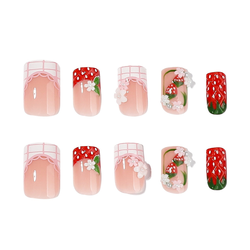 Handmade Strawberry Press On Nails | 3D Flower Pink Plaid French Tip Square Fake Nails Reusable