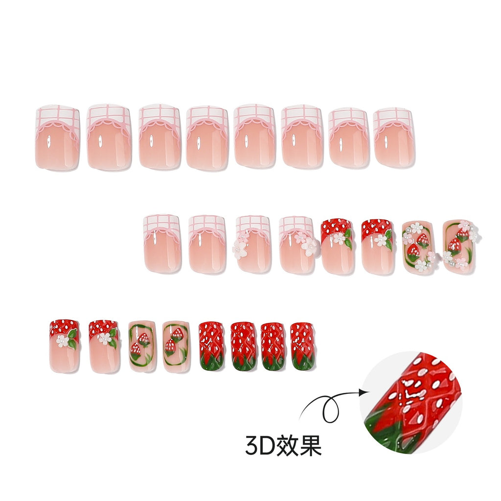 Handmade Strawberry Press On Nails | 3D Flower Pink Plaid French Tip Square Fake Nails Reusable