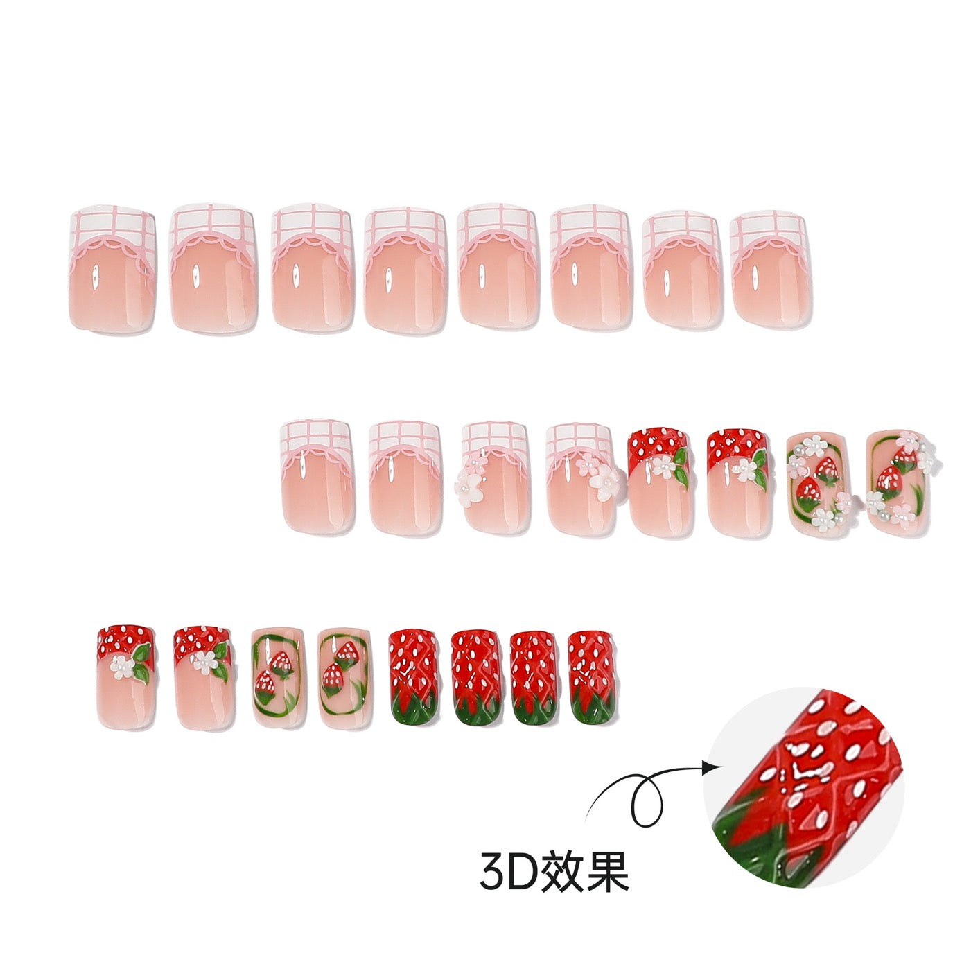 Handmade Strawberry Press On Nails | 3D Flower Pink Plaid French Tip Square Fake Nails Reusable