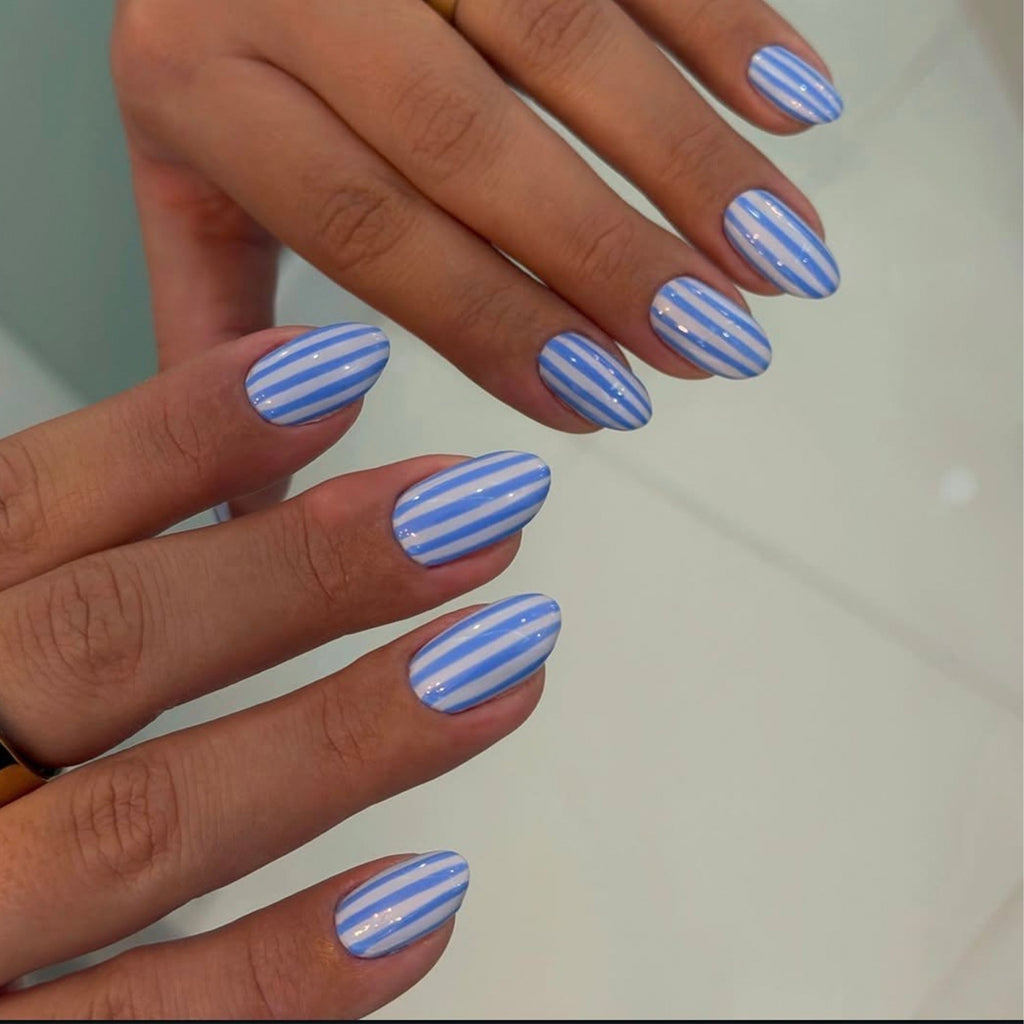 Handmade Blue & White Stripe Press On Nails | Coastal Almond Fake Nails Reusable Glossy Summer Nails