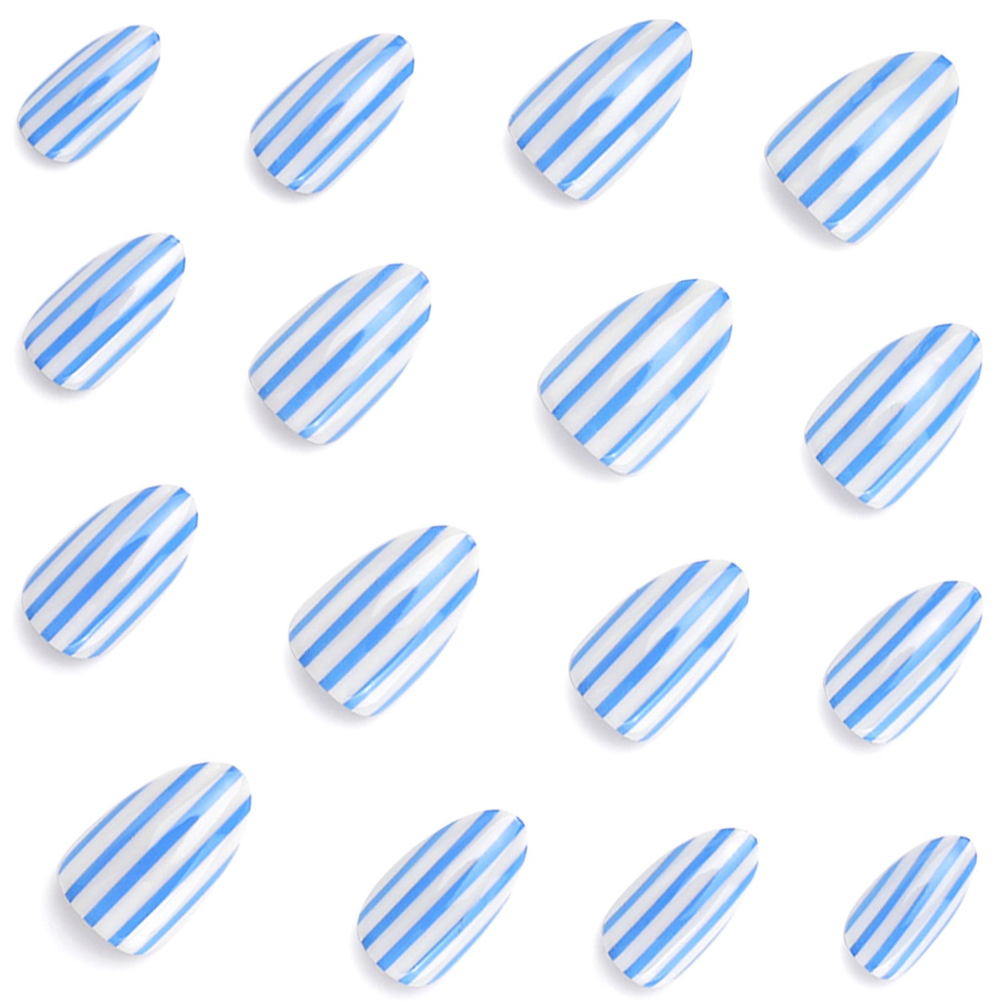 Handmade Blue & White Stripe Press On Nails | Coastal Almond Fake Nails Reusable Glossy Summer Nails