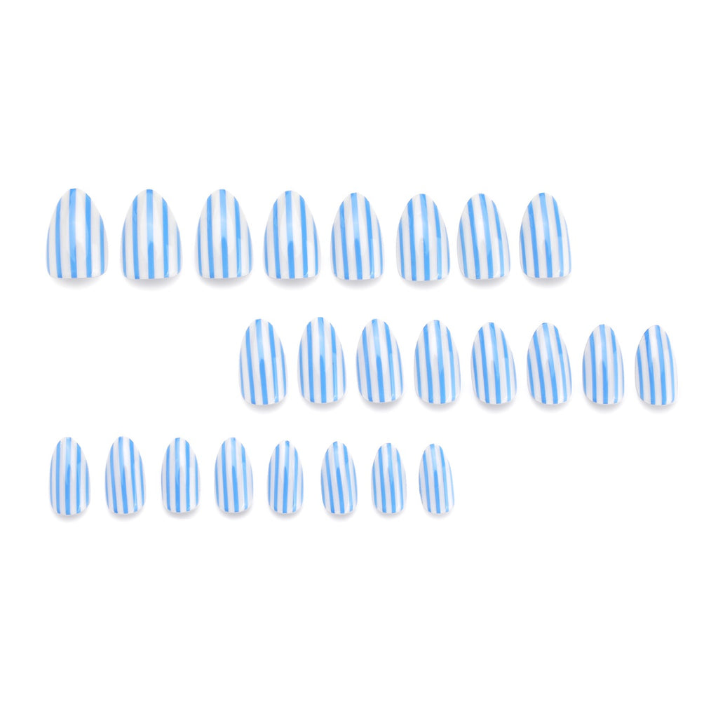 Handmade Blue & White Stripe Press On Nails | Coastal Almond Fake Nails Reusable Glossy Summer Nails